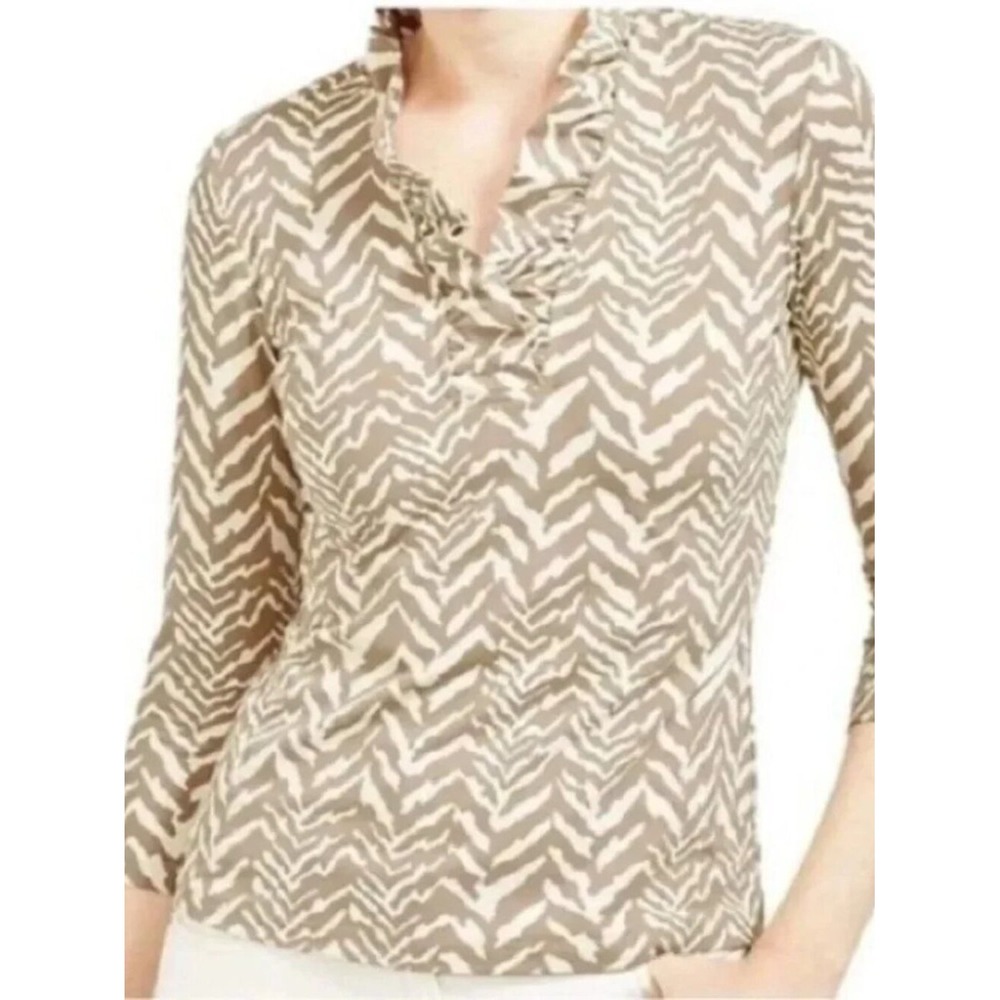 J. McLaughlin Animal Print Ruffles V Neck Top Size Small Safari Nuetral
